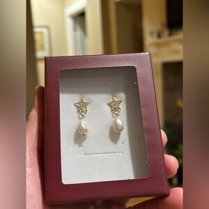 Gold Star and Pearl Dangle Earrings
